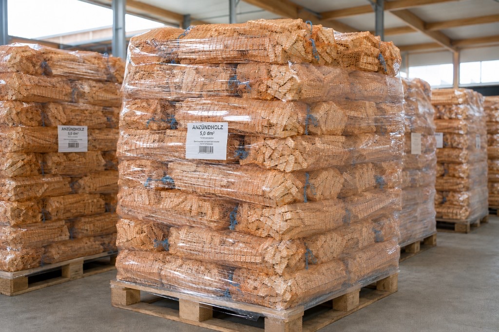 Feingespaltenes Anzündholz in Netzsäcken auf Transportpalette