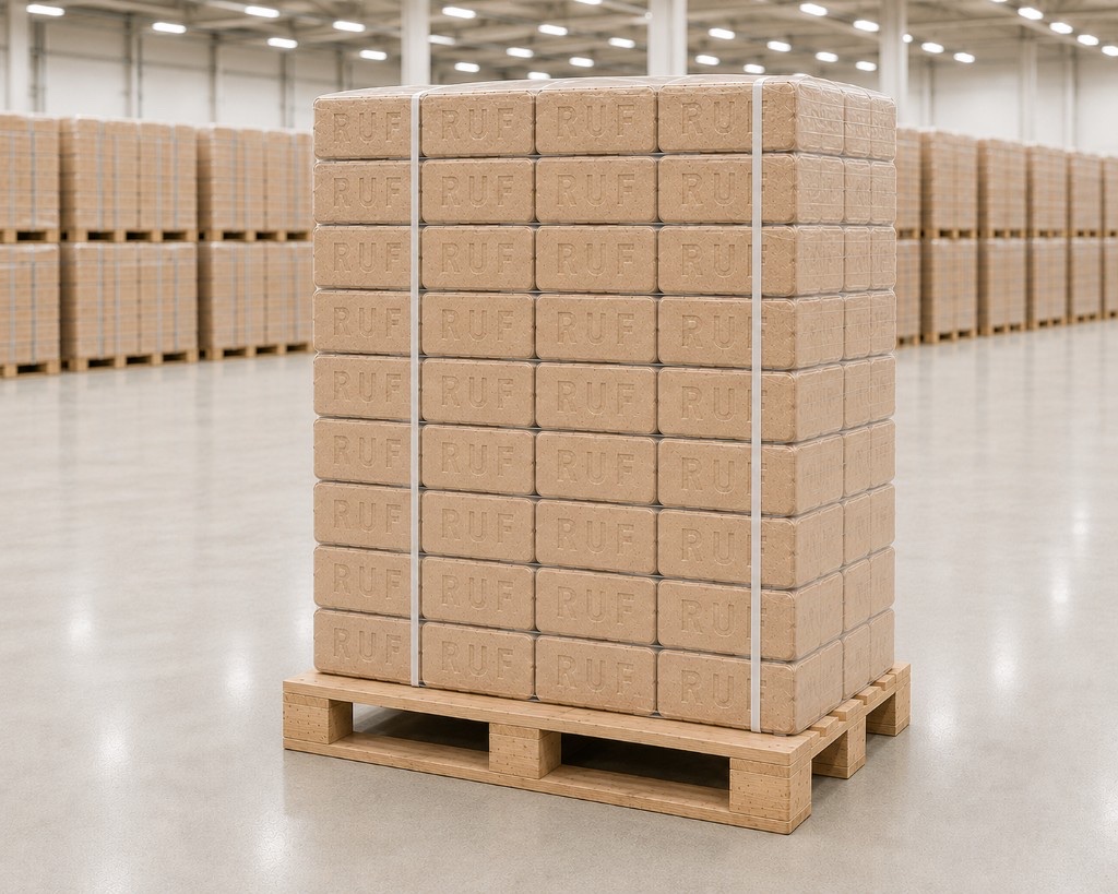 Zertifizierte RUF Holzbriketts sauber verpackt auf B2B-Transportpalette