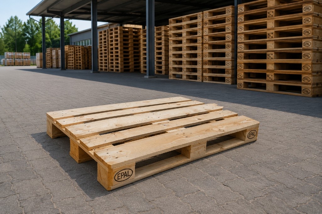 Stapel neuer unbedruckter Holzpaletten im Euroformat