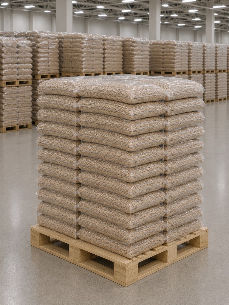 Zertifizierte Premium-Holzpellets in 15-kg-Säcken auf Transportpalette